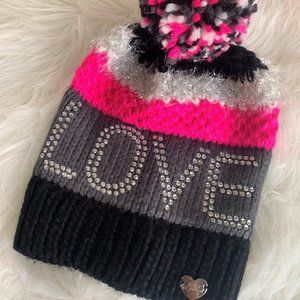 LOVE Black, Grey & Pink Winter Hat - Betsy Johnson - NEW